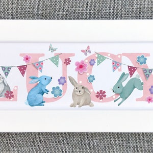 Bunny rabbit bunnies rabbits Door Plaque - Childrens Kids name sign Illustration name frame new baby gift