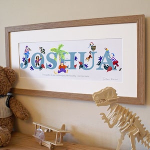 Pirate name illustration print children kids new baby nursery decor wall art picture personalised bespoke christening gift birthday present