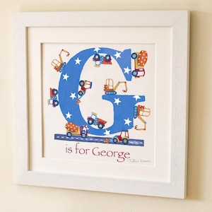 Impresión de arte de letras excavadoras, ilustración inicial de bebé para niños, imagen de construcción, marco de nombre personalizado, guardería, regalo de bautizo
