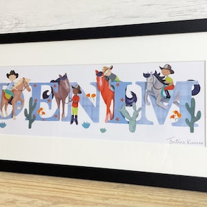 Ilustración de nombre de equitación, impresión de poni, ecuestre, vaquero, niños, niño, bebé, ilustración, guardería personalizada, arte de pared, marco de imagen, placa