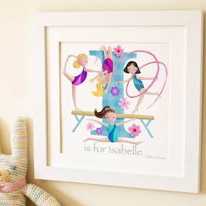 Impresión de arte de letras de gimnasia, ilustración inicial del bebé de los niños, decoración personalizada de la guardería de la imagen del nombre, regalo del marco del nombre del bautizo