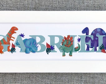 Door Sign - Dinosaur Dinosaurs Plaque Children's kid's room bedroom name Illustration frame nursery art picture new baby personalised gift