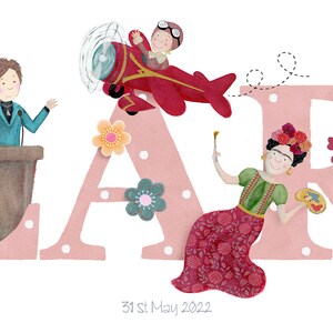 May include: A pink and white illustration of the name "CLARA" with different characters in each letter. The characters include a pilot, a woman with a paintbrush, a woman in a hat, and a woman with a book.