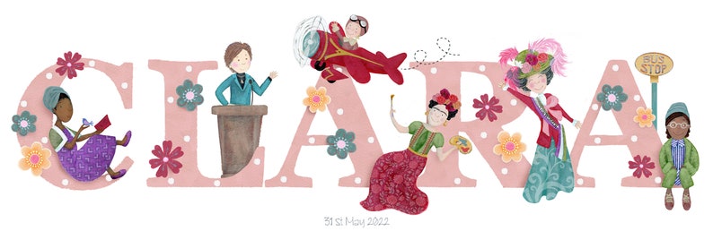 May include: A pink and white illustration of the name "CLARA" with different characters in each letter. The characters include a pilot, a woman with a paintbrush, a woman in a hat, and a woman with a book.