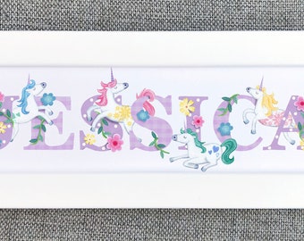 Unicorn Door Plaque Children's kids sign Illustration print nursery decor art name frame new baby shower christening personalised gift