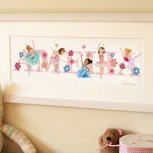 Balletttänzerin Ballerina Name Illustration Druck Kinder Kind neu Baby Mädchen Dusche Geschenk Bilderrahmen personalisiert Kinderzimmer Dekor Taufe