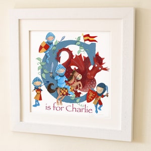 Impresión de arte de letras de caballero, ilustración inicial de bebé para niños, imagen, marco de nombre personalizado, guardería, regalo personalizado de caballeros