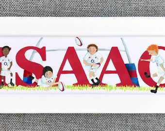 Rugby Door Plaque - Children's / Kids / name sign / Illustration, name frame, new baby gift (kit can be changed to a favourite team / club)