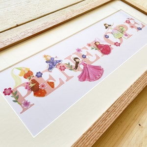Stampa con illustrazione del nome della principessa, per bambini, baby shower, ragazze, illustrazione artistica da parete, cornice personalizzata per decorazioni per la cameretta delle principesse