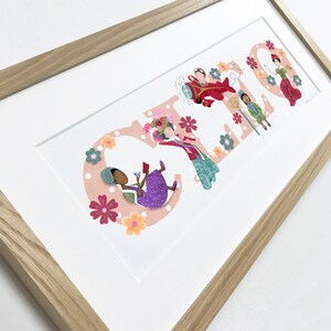 May include: A framed print with the name "CLARA" spelled out in large, colorful letters. Each letter is decorated with a different illustration of a person in a unique outfit and a floral design.