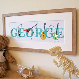 Guitar music name illustration art print musical instruments rock band children kids new baby room illustrated nursery wall picture frame