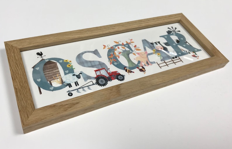 Farmyard bedroom door plaque farm animal nursery sign tractor cow pig sheep Childrens Kids name sign Illustration name frame new baby gift image 5