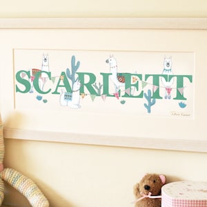 Llama Alpaca name illustration print children kids new baby shower nursery decor frame plaque sign art personalised picture Christening gift
