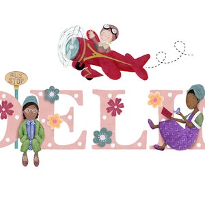 May include: The name "ADELLINE" is spelled out in pink letters with white polka dots. Each letter has a different illustration of a person, including a pilot flying a red airplane, a girl reading a book, a girl holding a bus stop sign, and a girl wearing a hat and a dress.