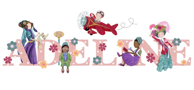 May include: The name "ADELLINE" is spelled out in pink letters with white polka dots. Each letter has a different illustration of a person, including a pilot flying a red airplane, a girl reading a book, a girl holding a bus stop sign, and a girl wearing a hat and a dress.