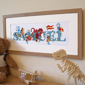 Caballeros nombre ilustración impresión niños niños nuevo baby shower regalo vivero decoración pared arte personalizado dragón dormitorio pared marco pintura