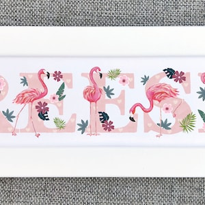 Placa de puerta con diseño de flamencos, pájaro tropical, para niños, letrero con nombre, ilustración, marco para nombre, regalo para bebé, decoración infantil, color rosa