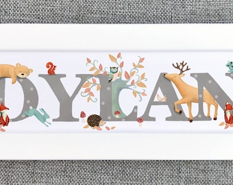 Door Sign - Woodland Animal Children's Kids name plaque Illustration name frame personalised new baby gift nursery decor