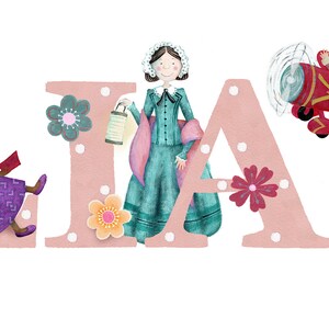 May include: A pink and white alphabet wall decor with the name "LILIANA" spelled out. Each letter is decorated with a different illustration of a woman in a colorful outfit. The letter "L" features a woman wearing a pink dress and a hat with a feather. The letter "I" features a woman wearing a red dress and a flower crown. The letter "L" features a woman wearing a purple dress and a book. The letter "I" features a woman wearing a green dress and a lantern. The letter "A" features a man in a red airplane. The letter "N" features a woman wearing a green dress and a stop sign. The letter "A" features a woman wearing a blue dress and a book.