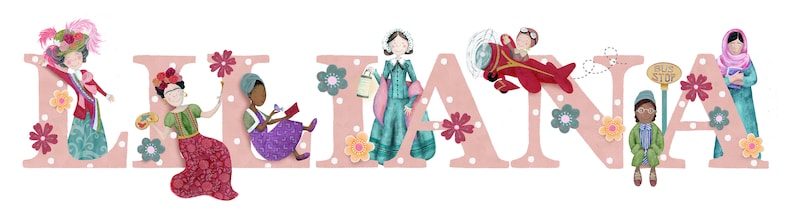 May include: A pink and white alphabet wall decor with the name "LILIANA" spelled out. Each letter is decorated with a different illustration of a woman in a colorful outfit. The letter "L" features a woman wearing a pink dress and a hat with a feather. The letter "I" features a woman wearing a red dress and a flower crown. The letter "L" features a woman wearing a purple dress and a book. The letter "I" features a woman wearing a green dress and a lantern. The letter "A" features a man in a red airplane. The letter "N" features a woman wearing a green dress and a stop sign. The letter "A" features a woman wearing a blue dress and a book.