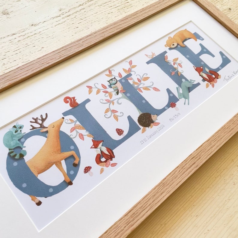 Woodland animal name illustration print children's kids new baby illustrated personalised wall art picture nursery frame Christening gift image 2