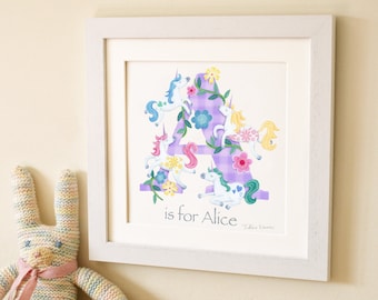 Unicorn Children's kid's baby letter art initial art print illustration picture, personalised name, nursery decor, new baby gift, name frame