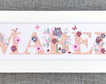 Door Sign - Owl Plaque Children's Kids room bedroom nursery art print Owls name Illustration frame new baby personalised gift