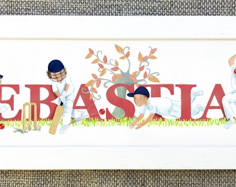 Cricket Door Plaque - Childrens Kids name sign Illustration name art frame new baby gift sport nursery decor