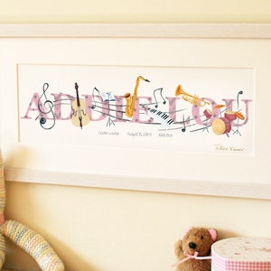 Nombre de la música ilustración imprimir instrumentos musicales músico niños niños nuevo baby shower regalo arte imagen marco personalizado decoración de la guardería