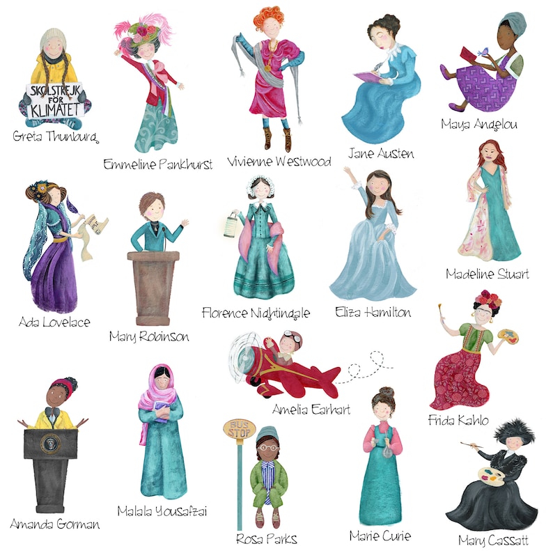 May include: An illustration of 15 women who have made a difference in the world. The women are depicted in colorful clothing and are holding objects that represent their accomplishments. The women are: Greta Thunberg, Emmeline Pankhurst, Vivienne Westwood, Jane Austen, Maya Angelou, Madeline Stuart, Florence Nightingale, Eliza Hamilton, Ada Lovelace, Mary Robinson, Amelia Earhart, Frida Kahlo, Malala Yousafzai, Amanda Gorman, Rosa Parks, Marie Curie, and Mary Cassatt.