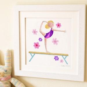 Gimnasia viga gimnasta niños niños bebé pared arte impresión ilustración imagen decoración de la guardería nuevo marco de regalo del bebé
