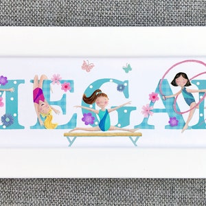 Gymnastics Gym Door Plaque Children kids new baby shower nursery decor bedroom name sign Illustration art frame girls personalised gift