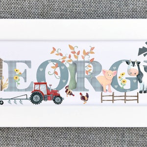 Farmyard bedroom door plaque farm animal nursery sign tractor cow pig sheep Childrens Kids name sign Illustration name frame new baby gift image 1