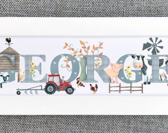 Farmyard bedroom door plaque farm animal nursery sign tractor cow pig sheep Childrens Kids name sign Illustration name frame new baby gift