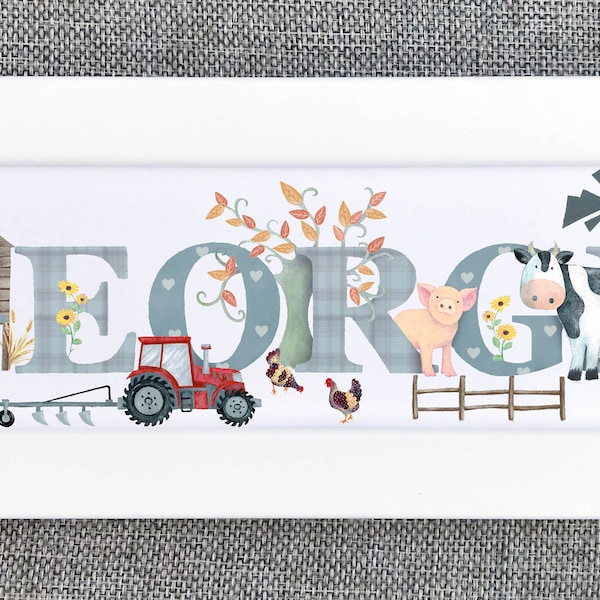 Farmyard bedroom door plaque farm animal nursery sign tractor cow pig sheep Childrens Kids name sign Illustration name frame new baby gift