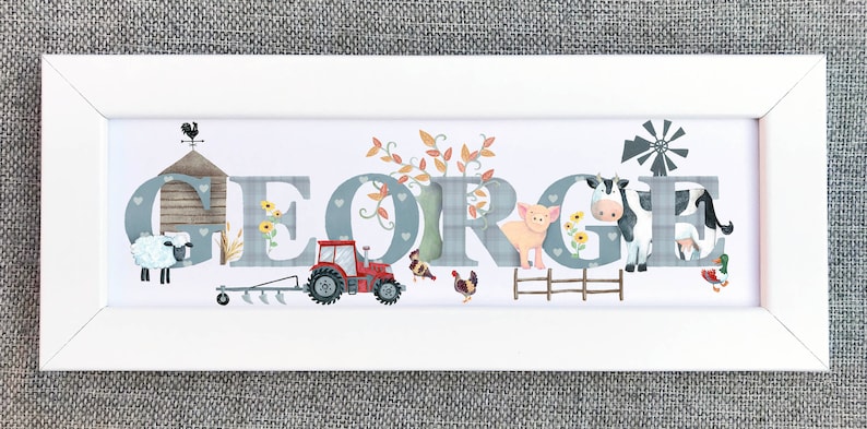 Farmyard bedroom door plaque farm animal nursery sign tractor cow pig sheep Childrens Kids name sign Illustration name frame new baby gift image 1