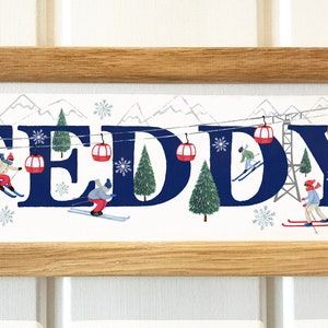 Skiing bedroom door sign plaque ski nursery sign Children&#39;s Kids winter sports name sign Illustration name art frame new baby shower gift