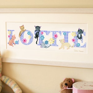 Kitten cat name illustration print Children kids new baby frame plaque Illustrated art picture Personalised Christening gift Nursery decor