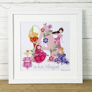 Princesa carta arte imprimir niños niños baby shower imagen ilustración inicial personalizada decoración de la guardería bautizo nombre marco regalo