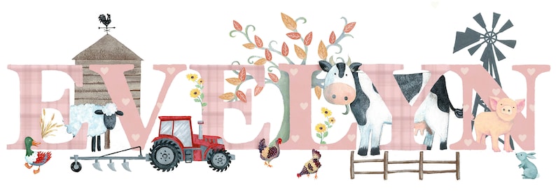 Farmyard bedroom door plaque farm animal nursery sign tractor cow pig sheep Childrens Kids name sign Illustration name frame new baby gift image 4