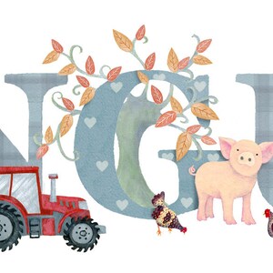 Farmyard bedroom door plaque farm animal nursery sign tractor cow pig sheep Childrens Kids name sign Illustration name frame new baby gift image 3