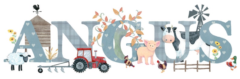 Farmyard bedroom door plaque farm animal nursery sign tractor cow pig sheep Childrens Kids name sign Illustration name frame new baby gift image 3