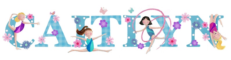 Gymnastics name illustration print sport girl gymnast children kids new baby shower illustrated nursery wall art picture personalised gift image 2