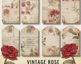 Vintage Rose grandes étiquettes, éphémères shabby chic, fournitures de journal floral victorien (A4)