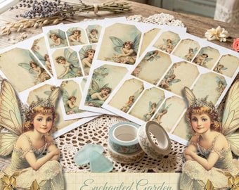 Enchanted Garden – drukowane etykiety do dziennika, pamiątki vintage w stylu shabby chic, materiały do rękodzieła do pobrania w wersji cyfrowej, eklektyczne karty do dziennika