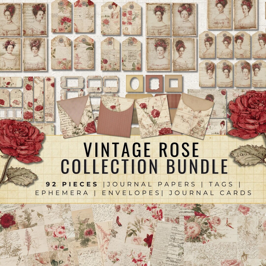 Vintage Rose Junk Journal Bundle, Shabby Chic Ephemera Kit, Floral ...