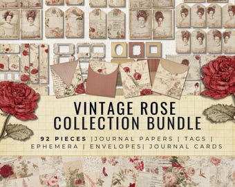 Vintage Rose Junk Journal Bundle, Shabby Chic Ephemera Kit, Floral Digital Paper (PDF Download)