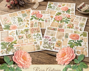 Junk Journal Kit Rosa Antiqua, afdrukbare ephemera, vintage bloemenlabels, shabby chic plakboekbenodigdheden