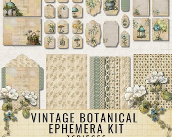 Vintage Botanical Ephemera Printable, Junk Journal Tags and Collage Elements, Cottagecore Fussy Cut Kit