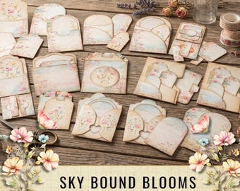 Kieszonki na etykiety Sky Bound Blooms, zestaw do tworzenia dziennika w stylu shabby chic z kwiatowymi śmieciami (do pobrania w formacie PDF)
